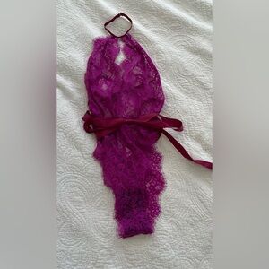 Cranberry plum magenta eyelash lace high neck leg teddy bodysuit with love lilly
